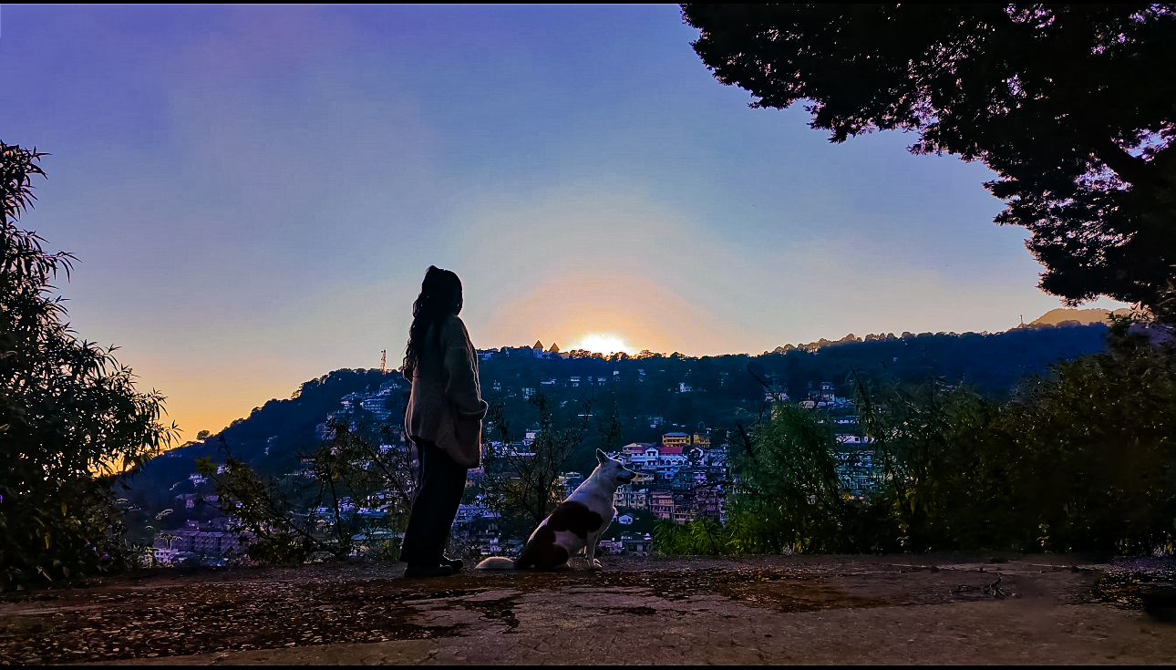 Mountain sunset with local traveler and dog