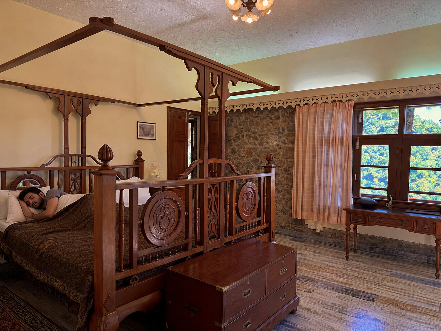 Traditional wooden bedroom in a mountain home