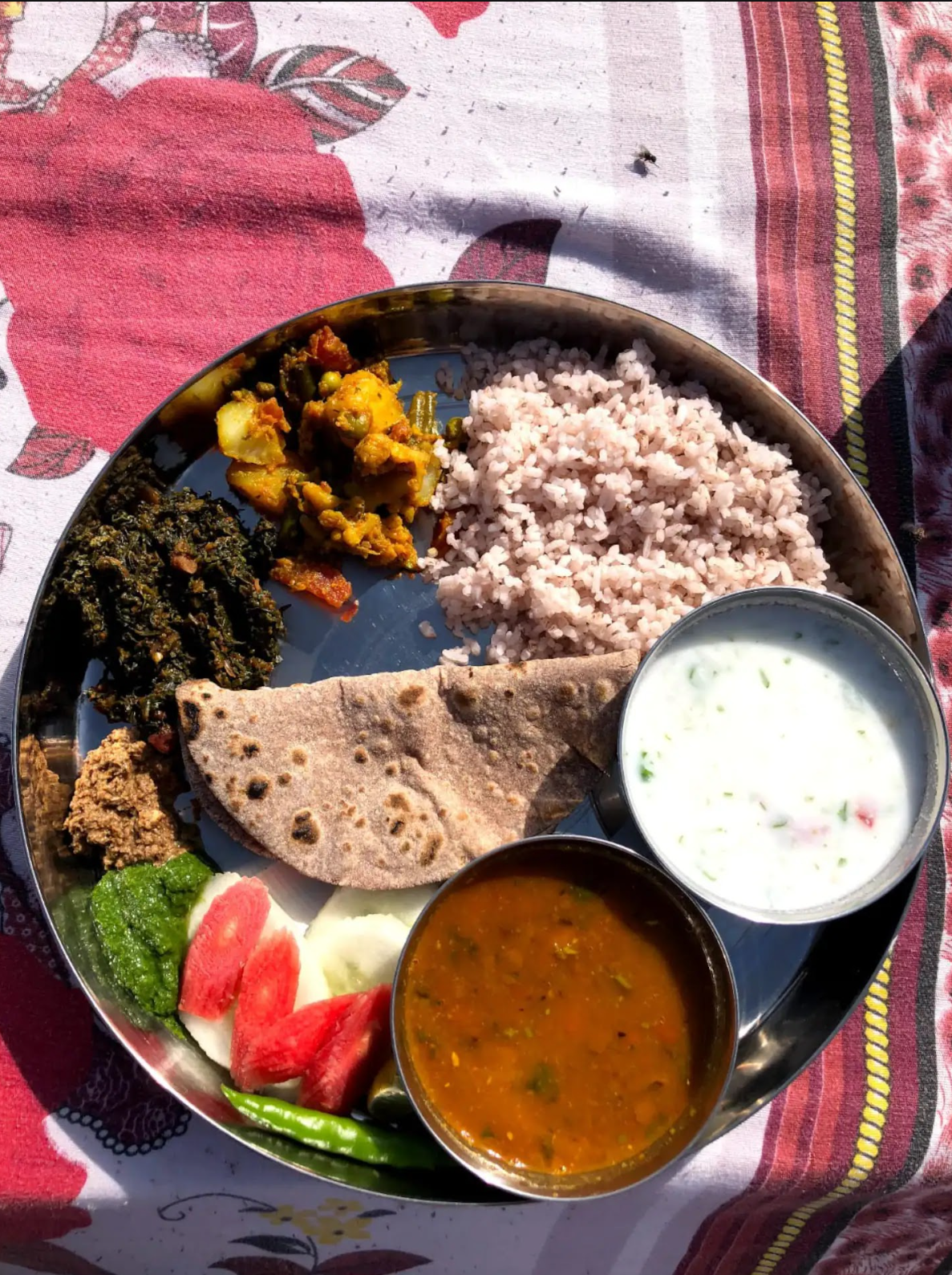 Traditional local meal served on a steel plate